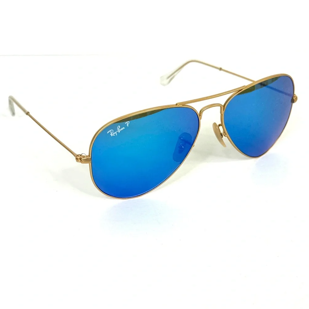 RAY BAN Polarized Sunglasses NEW RB3025 Aviator Large Metal Flash Lens Blue Gold